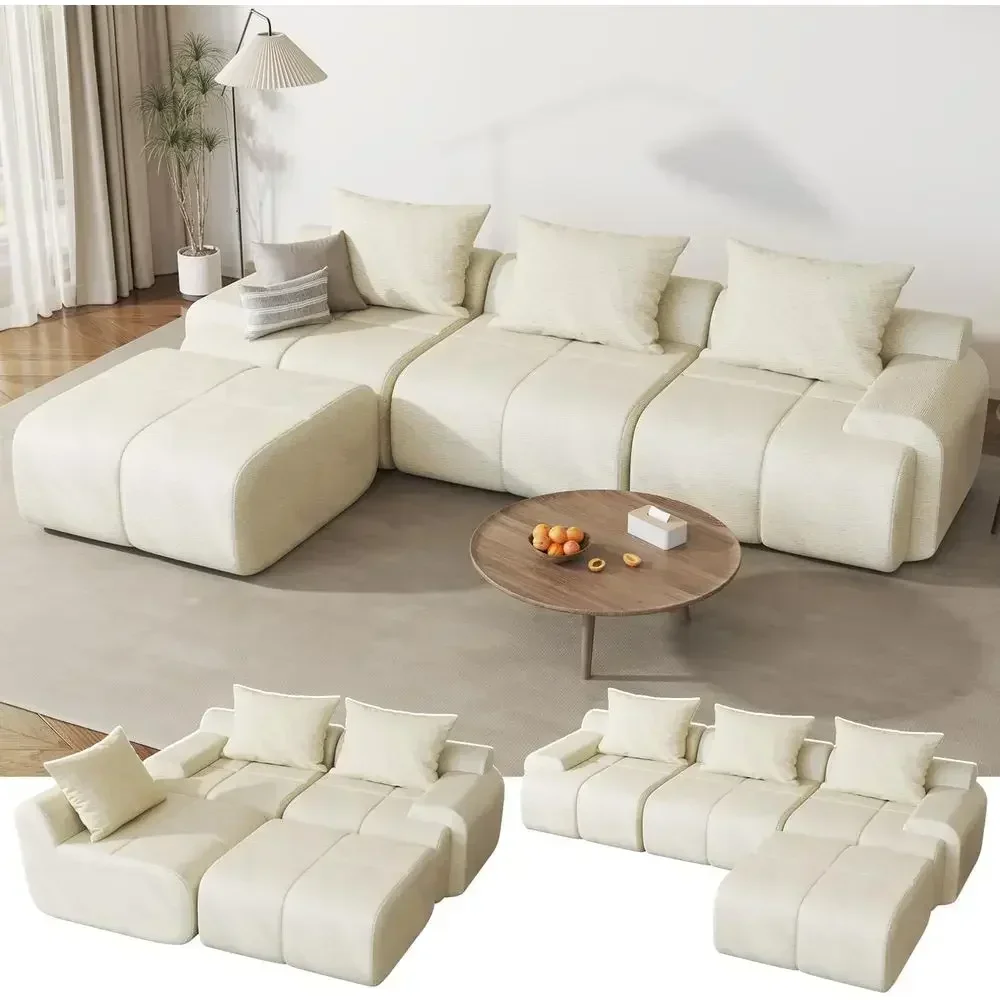 Cream White 67 Deep L-Shaped Sofa Set with Ottoman, Plush Chenille Corduroy, Memory Foam Cushions, No Assembly Required