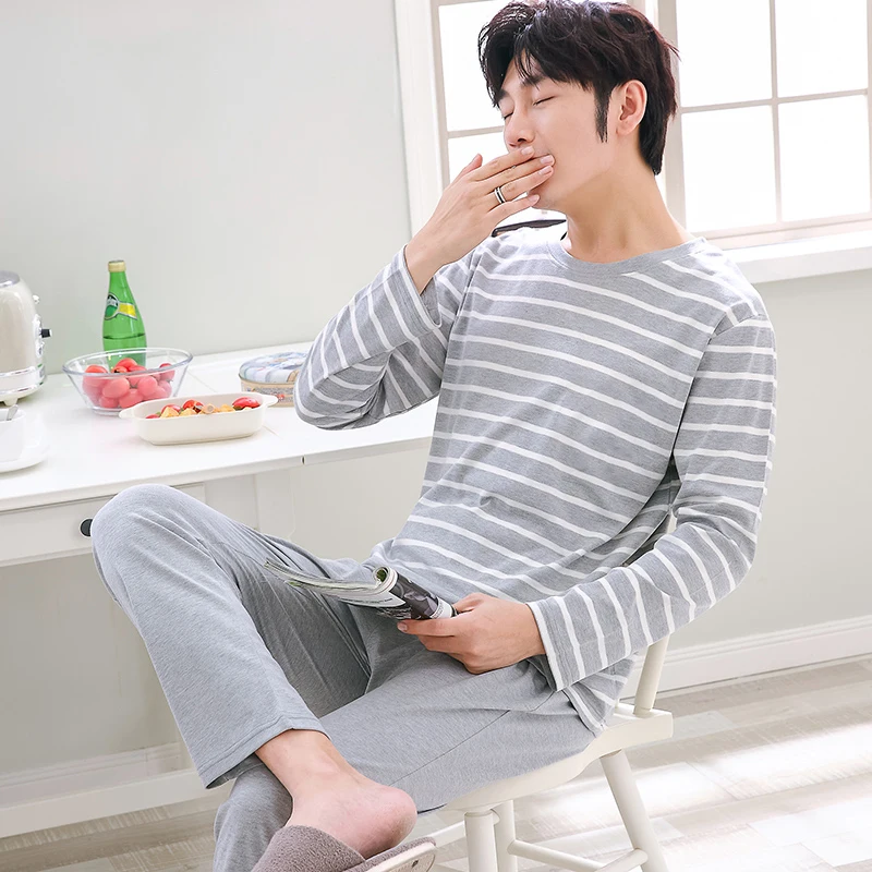 100% Cotton Knitted Pj Long Sleeved Men\'s Pajamas Sets Male Pijama Set Striped Pyjama For Men Sleepwear Suit Homewear Size XXXL