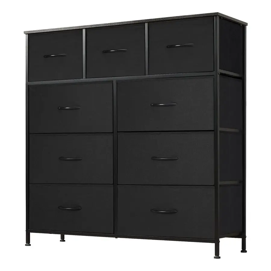 

Dresser for Bedroom, Storage Organizer with 9 Drawers, Chest of Drawers with Fabric Bins, Sturdy Metal Frame, Wood Tabletop for