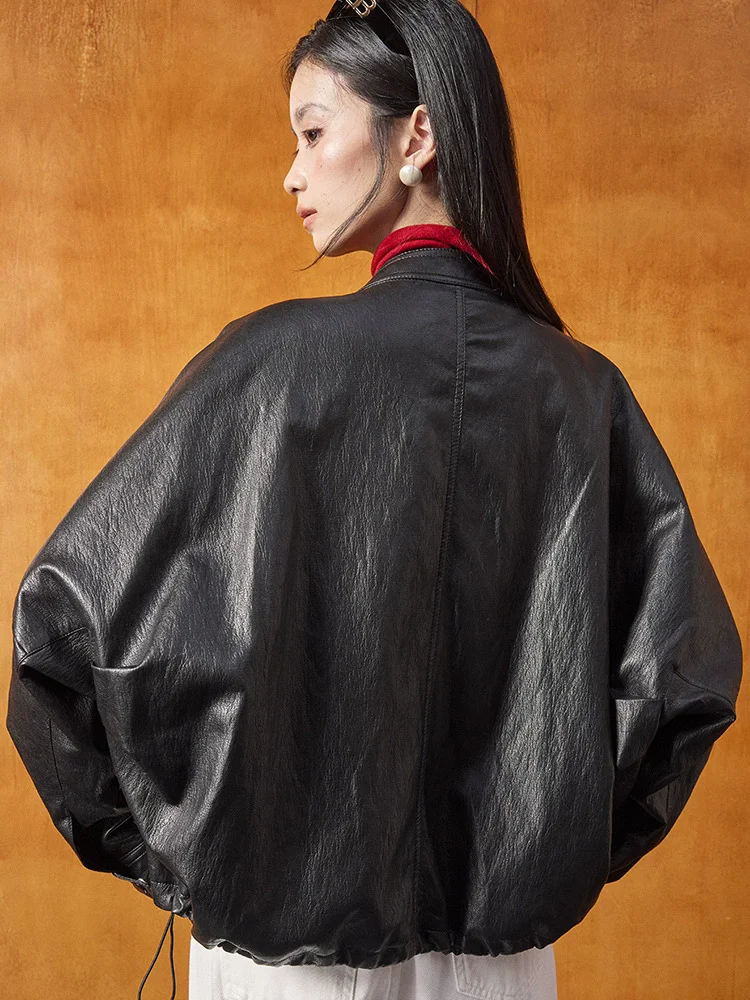 Giacca corta da motociclista in pelle PU allentata dolce e alla moda classica