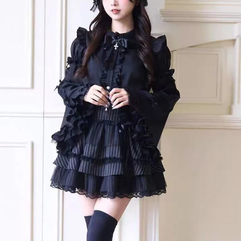 딥타운 로리타 일본 스타일 블라우스 여성 레이스 패치워크 하라주쿠 러플 셔츠 Y2K 스위트 화이트 긴팔 블라우스 에스테틱