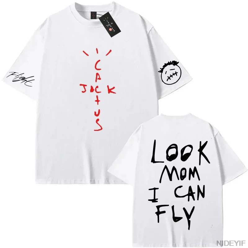 100% Cotton T Shirt Men Women Fashion Hip Hop T Shirts cactus jack Loose Short Sleeve Fans Gift Tops men look mom i can fly K37 image 2