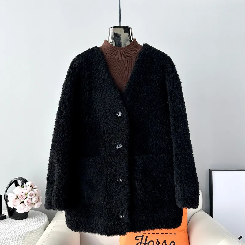 2024 Lamb's Wool Fur Women's Medium-length Jacket Female Sheep Shearling Coat V-neck Silhouette Cardigan Parka JT413