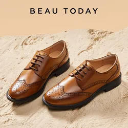 BeauToday Brogue Dress Shoes Women Genuine Leather Lace-Up Oxfords Wingtip Round Toe Waxing Calfskin Flat Shoes Hnadmade A21086