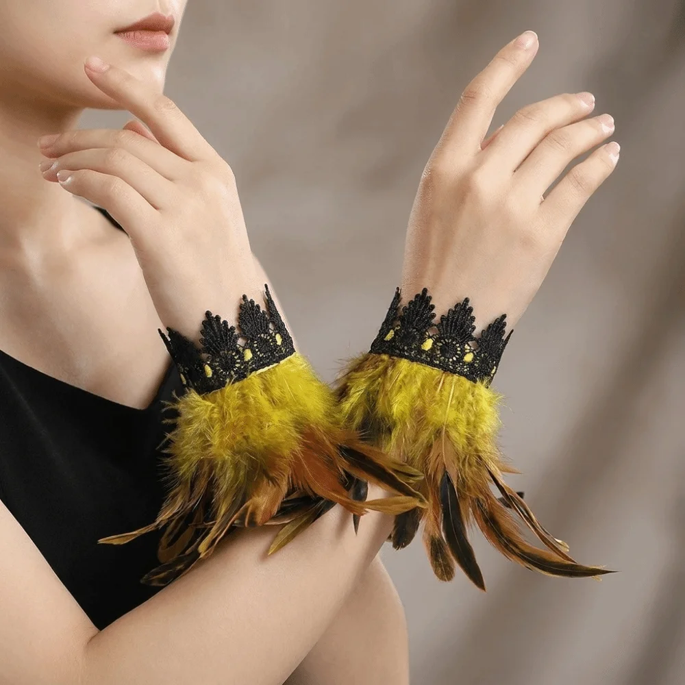 Black Lace Fluffy Feather Wrist Cuffs Lightweight Chic Halloween Arm Cuff Gloves Adjustable Gothic Plume Bracelet Costume Prop