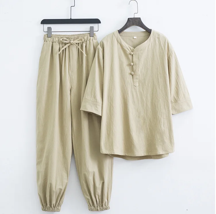 Baumwoll-Leinen-Kleidungsset im Zen-Stil für Männer und Frauen, lässig, bequem, atmungsaktiv, Sommermode, traditionell chinesisch – Detail 15
