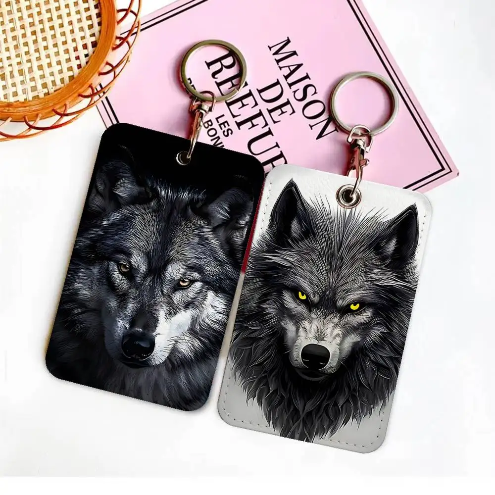 Wolf Cool Rectangle ID Card Case Keychain Access Card Bag Key Tag Ring Leather Card Holder Key Ring Access