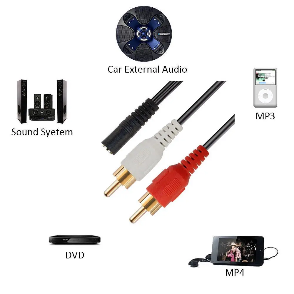 2 RCA ชายหญิง 3.5 มม.แจ็ค Aux สายสัญญาณเสียงสเตอริโอ ST