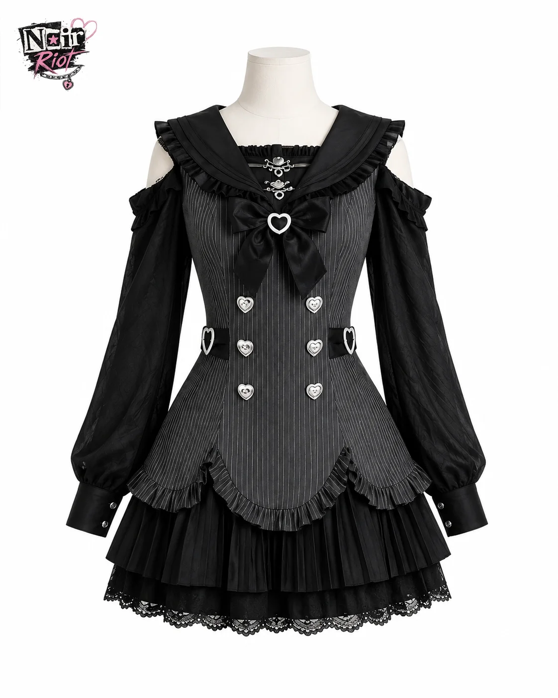 Gothic Lolita Jirai Kei 2 Piece Dress Set Women Striped Heart Cold Shoulder Long Sleeve Lace Trim Pleated Mini Dress Streetwear