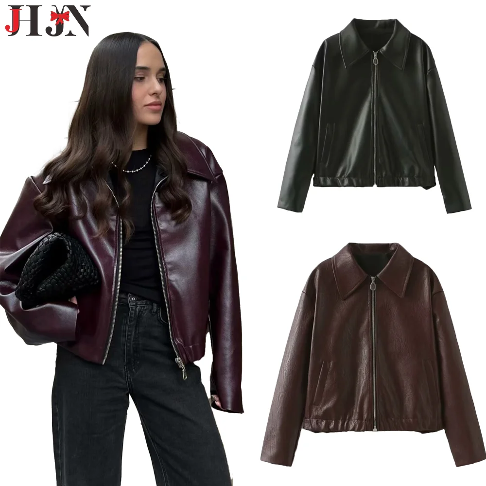 JHJN Casual women's clothing High Street neutral Camping Outdoor waterproof Solid color square neck Leather jacket jacket