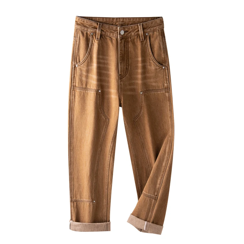 New Loose Brown Jeans for Mens Spring and Summer Straight Pocket Decorative Pants