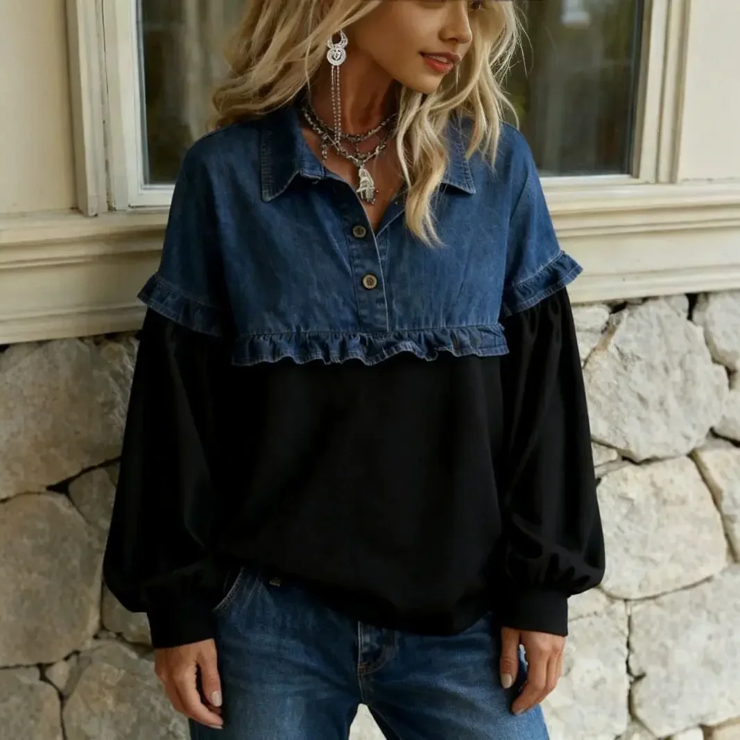 Greenora Women Denim Spliced Long Sleeve Blouse Lapel Button Ruffle Patchwork Top Contrast Color Casual Long Sleeve Shirt For Sp