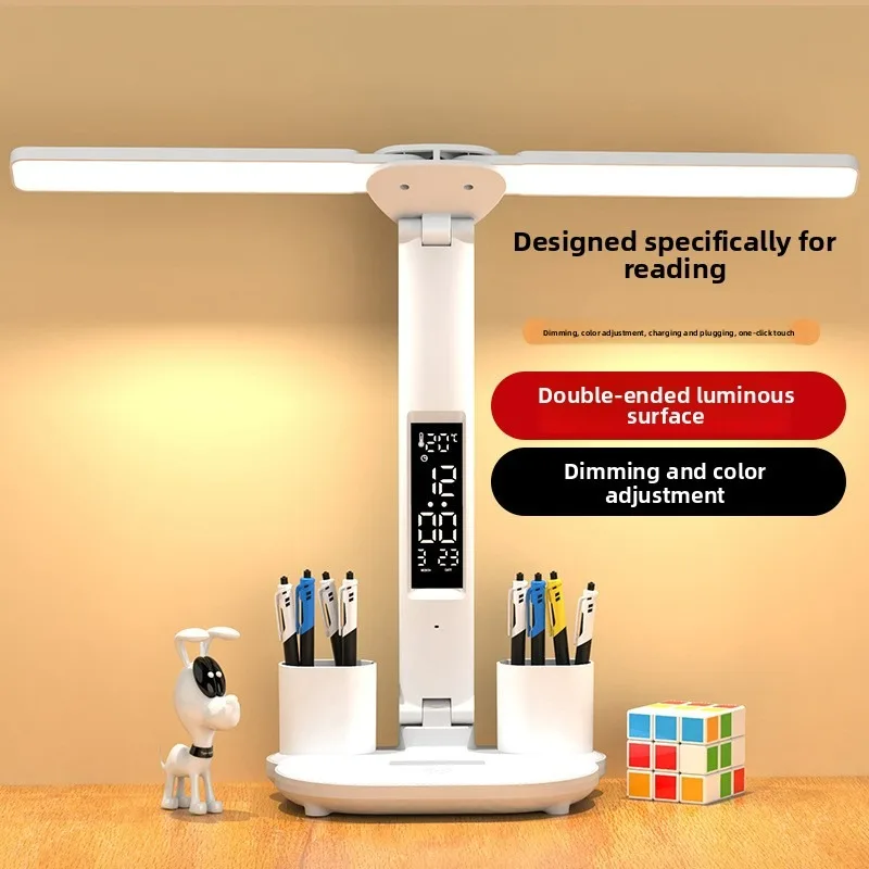 

Светодиодная настольная лампа с часами, зарядка через USB, настольные лампы с регулируемой яркостью, 2 головки, вращение на 180 градусов, складная защита глаз, настольные ночные огни для чтения