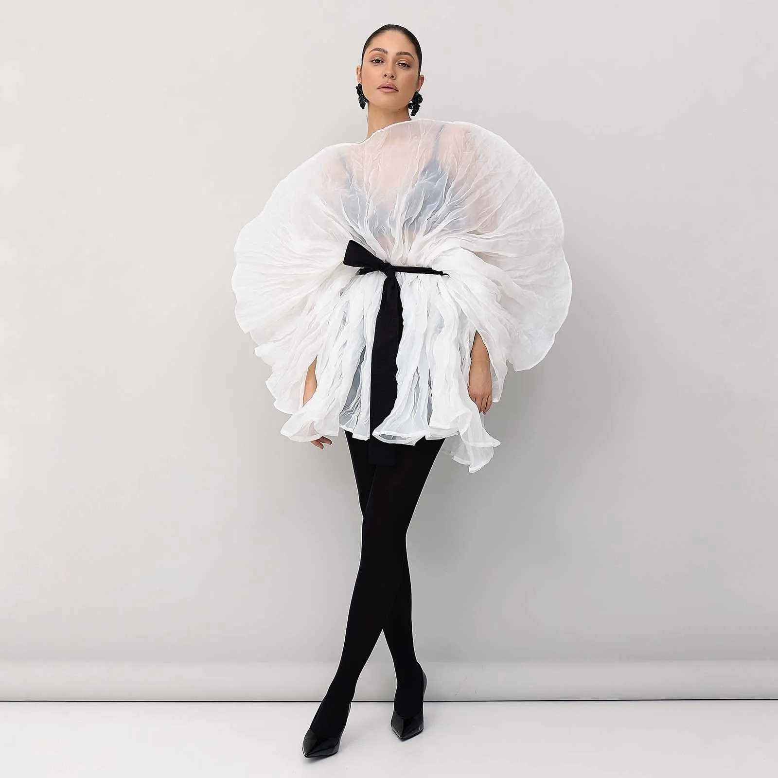

Popular White Illusion Mini Dress Pleated Organza Fashion Women Short Prom Party Dresses with Sash Chic Female Outfit Dress 2025