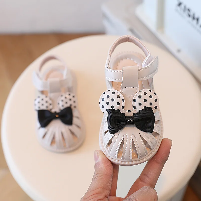 Zapatos para bebé niña, sandalias con lunares y lazo, zapatos de princesa para primeros pasos de fondo suave de verano