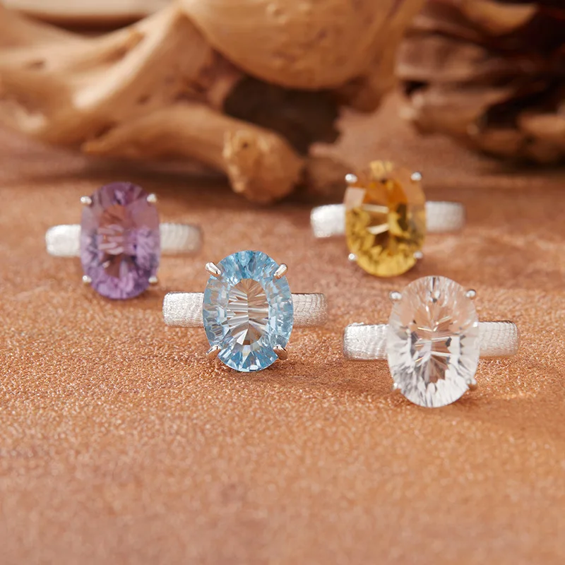 

Large Natural White Crystal Yellow Crystal Amethyst Ring for Women Millennium Cuts925Pure Silver Colorful Gemstone Jewelry Whole