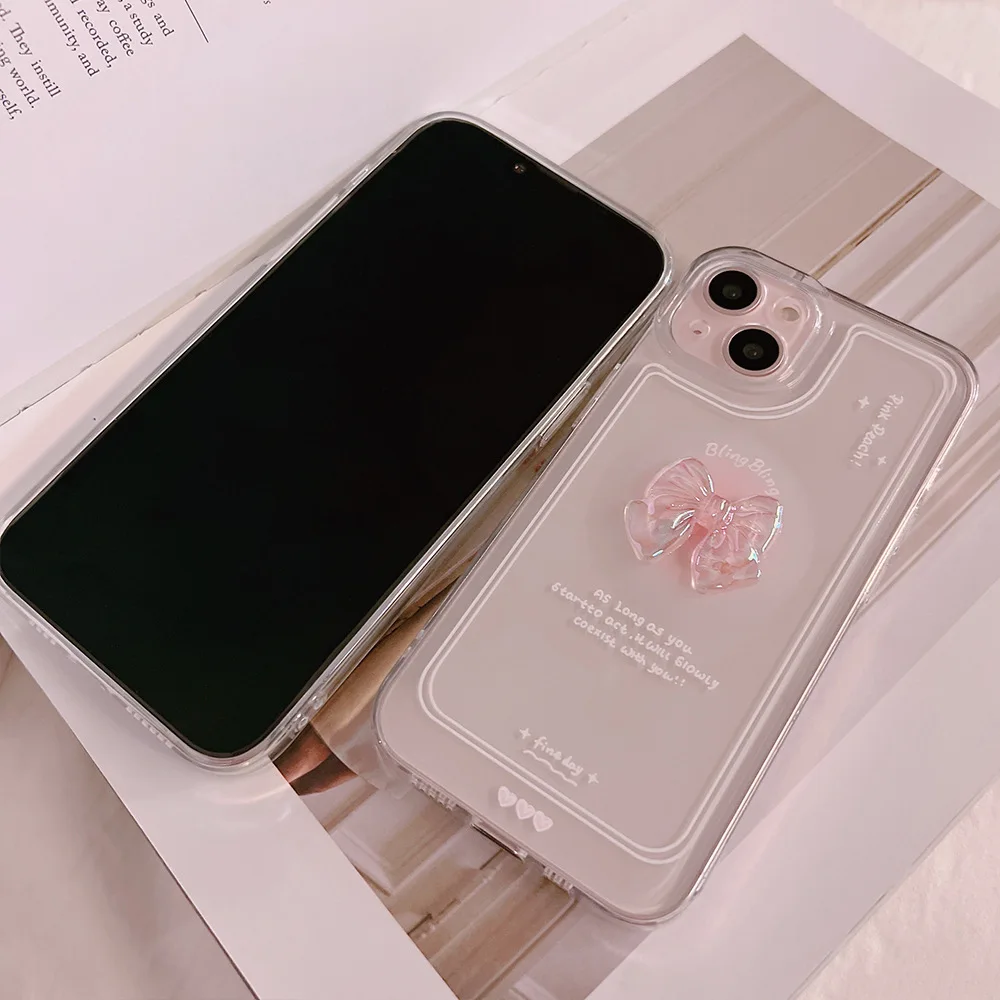 NEW 3D Bow Transparent Mobile Phone Case For IPhone 15 14 Plus 13 Pro Max 12 Pro 11 Stereo Crystal Candy Cute Full Soft Cover