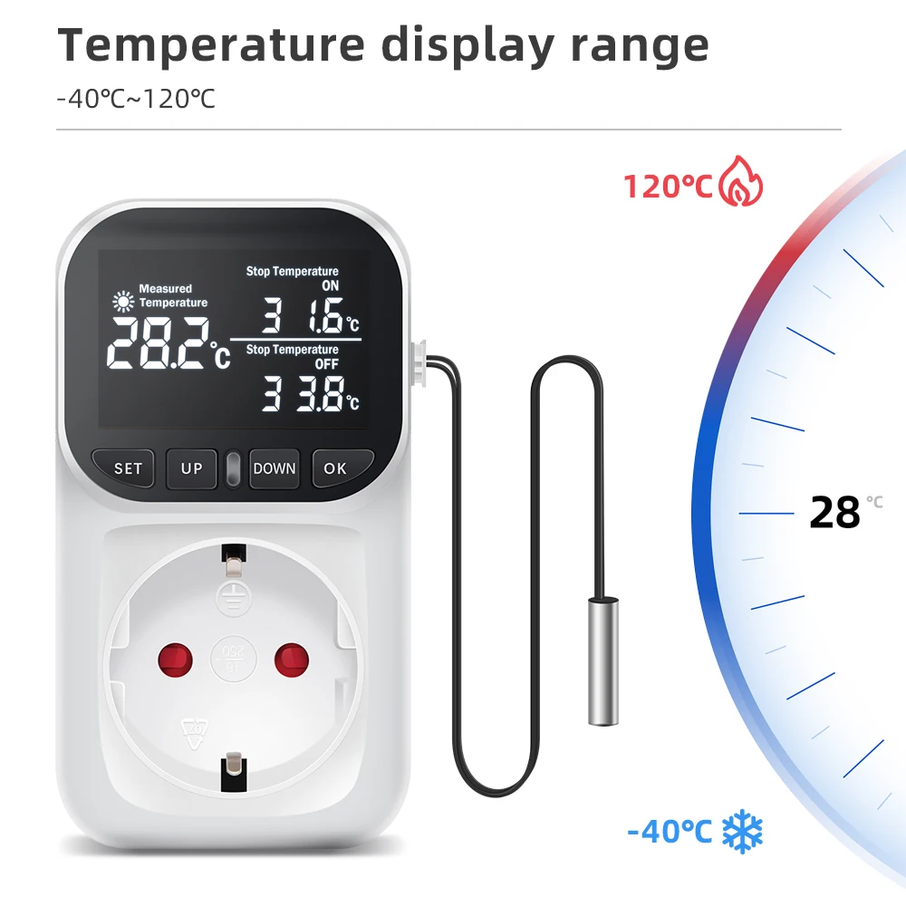 220V Temperature Controller Socket EU Plug LCD Display Digital Thermostat Preset Timer Switch Cooling Heating Temperature Sensor