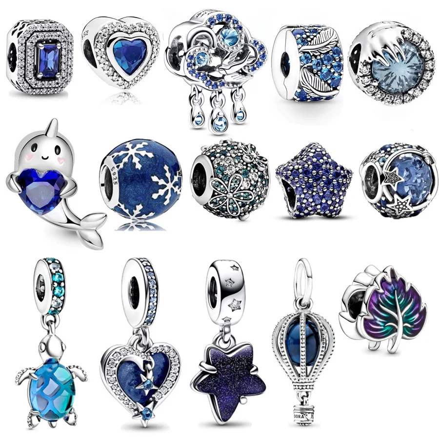 Celestial Shooting Star Heart Double & Blue Hot Air Balloon Dangle Charms Beads Fit Original Pandora Silver 925 Bracelet Jewelry