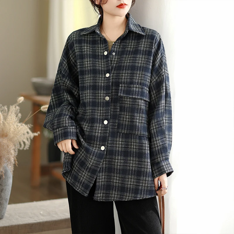เสื้อคลุมคาร์ดิแกนลายสก็อตแบบหลวมสบาย ติดกระดุมเม็ดเดียว แขนยาว รุ่นใหม่สำหรับผู้หญิง ไซส์พลัส แฟชั่น ผ้าคอตตอนผสม สวมใส่สบาย