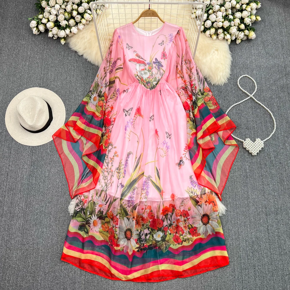 

Banulin Summer Sicily Pink Long Flowy Dress Women Runway Elegant Flare Sleeve High Street Animal Stripe Print Party Vestidos