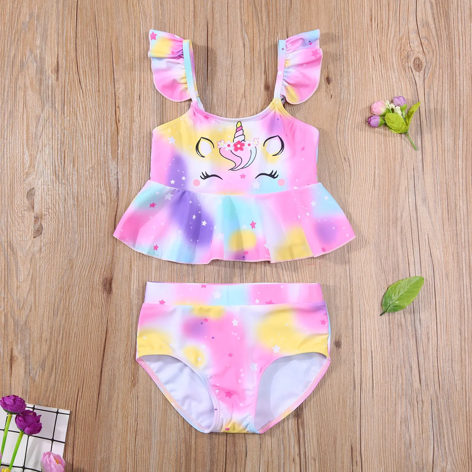 Newest Arrival Girl's Two Piece Swimsuit Children Unicorn Pattern Ruffle Hem Fly Sleeve Tops Swimming Shorts for Kids