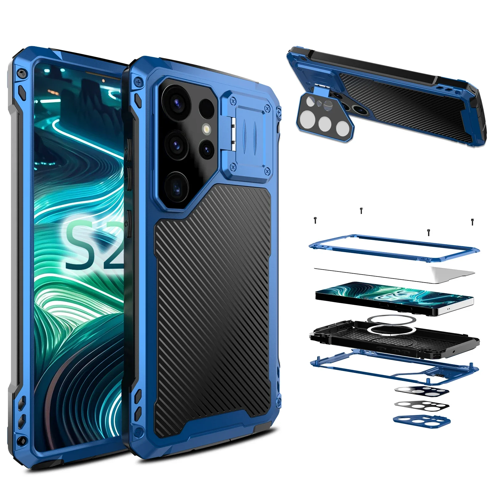 

Алюминиевый чехол для телефона с магнитной металлической рамкой для Samsung Galaxy S25 S24 S23 Ultra, подставка для камеры, стеклянный экран, тяжелый противоударный чехол