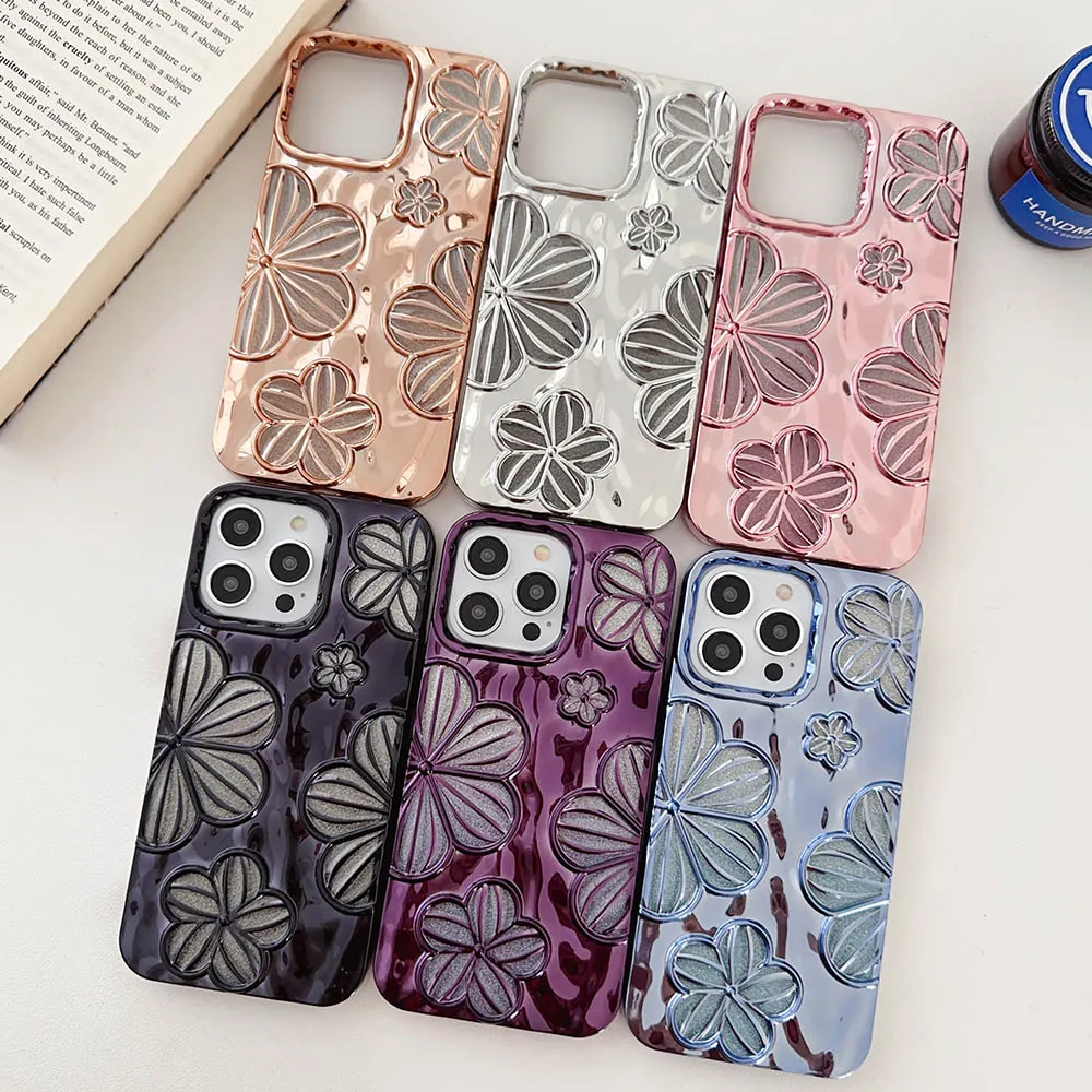 Gradient Glitter 3D Stereo Plating Flower Case For iPhone 15 14 13 12 11 Pro Max 13 Pro 14 Pro 15 Pro Max Soft Bling Bling Cover