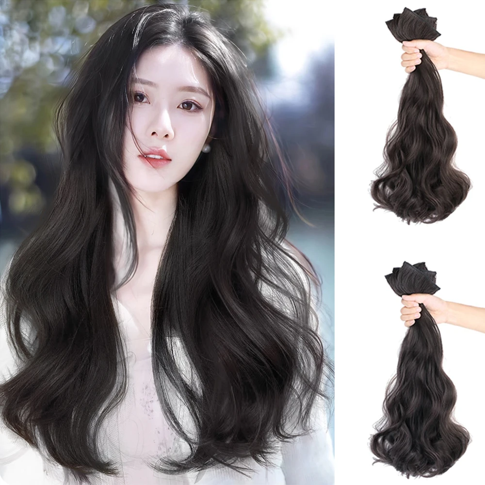 Extensiones de Cabello sintético largo y ondulado para mujer asiática, extensiones de cabello negro Natural con Clip, 3 piezas, postizos gruesos, fibra