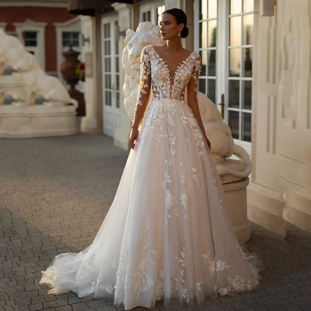 

Romantic V-Neck Long Sleeve A-Line Wedding Dress Sexy Backless Appliques Illusion Tulle Boho Princess Bridal Gown Customized