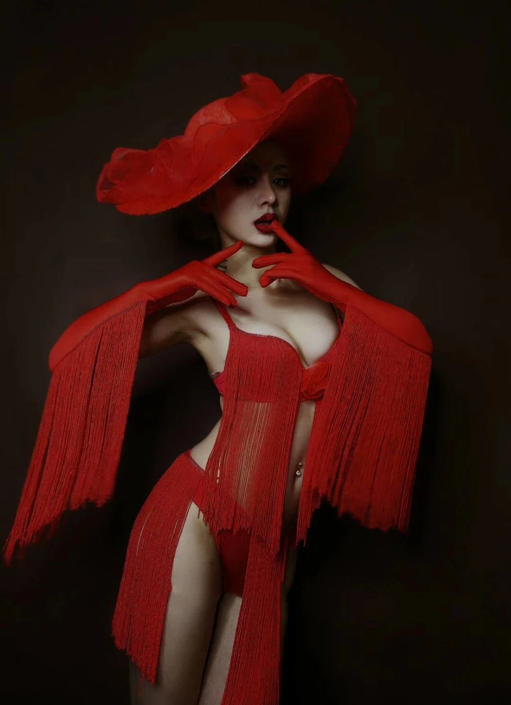 Red nappa Bikini Stage Wear Nightclub Opening Dance Model DJ Show Photography copricapo cappello donna Performance Costume Clothes