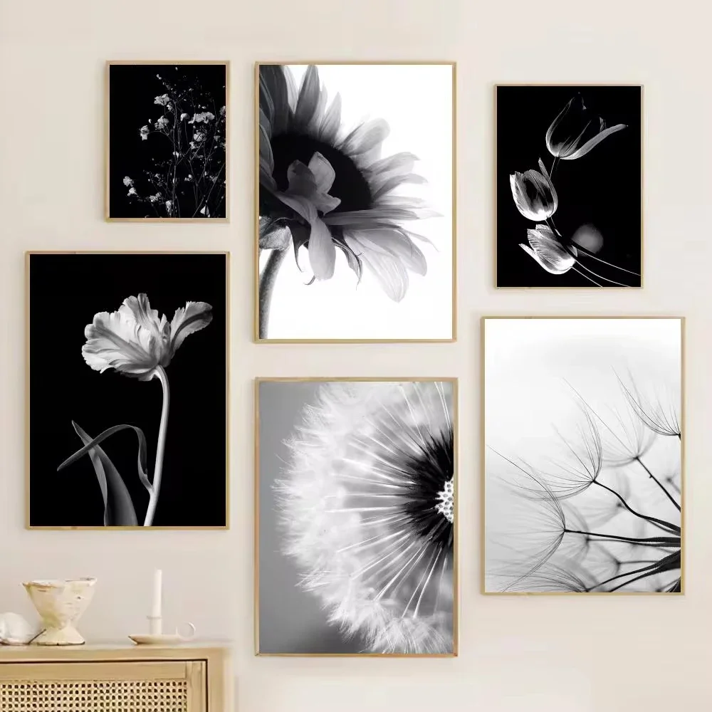 Frameless canvas paintings,Black And White Art Plant Flower Poster Retro Print Paper Waterproof High Quality Sticker Home Living