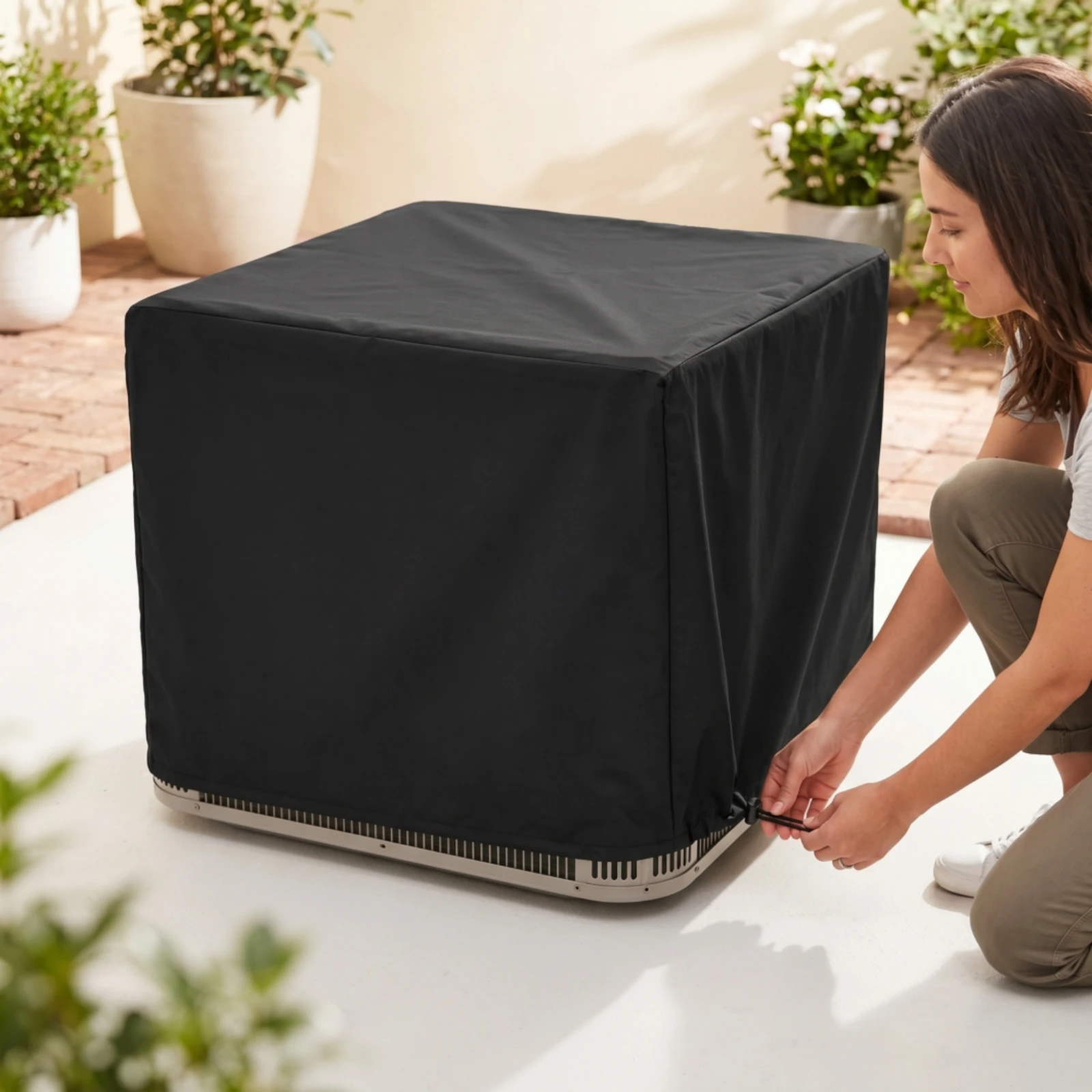 Air Conditioner Cover with Drawstring Windproof Outdoor Air Conditioner Cover Dust Resistant Heavy Duty for Homeowners, Backyard