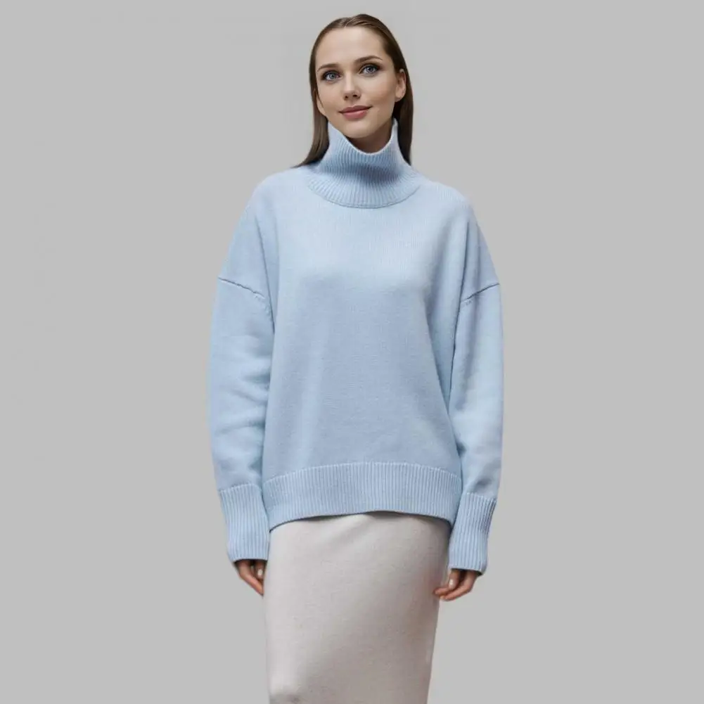 Original Light Luxury O-neck Knit Sweater Autumn and Winter Women's Elegant Loose Mock Neck Solid Color Warm Outerwear Sweater