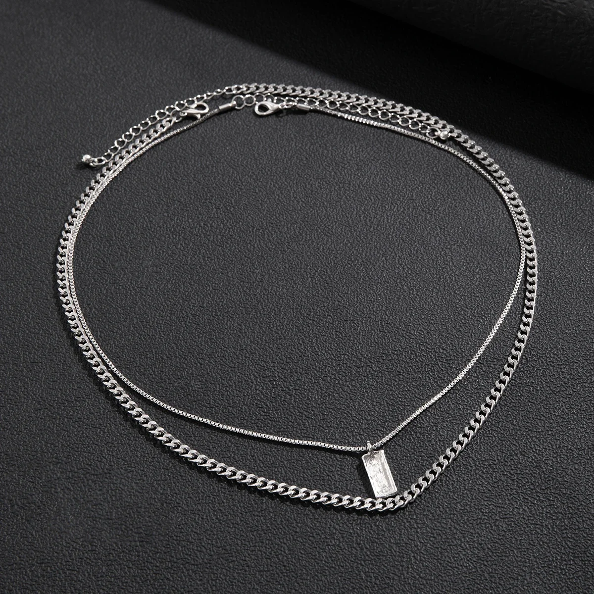 KunJoe 2pcs/set Rectangular Pendant Box Chain Necklace for Men Punk Silver Color Cuban Link Chain Choker Necklace Party