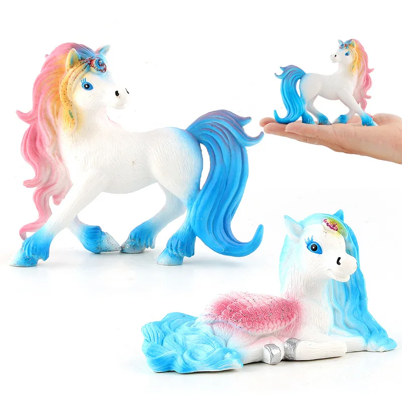 Kids Cartoon Unicorn Rainbow Horse Model Funny Cute Cake Ornament Girls Lovely Pegasus Desktop Decoration Ornament Birthday Gift