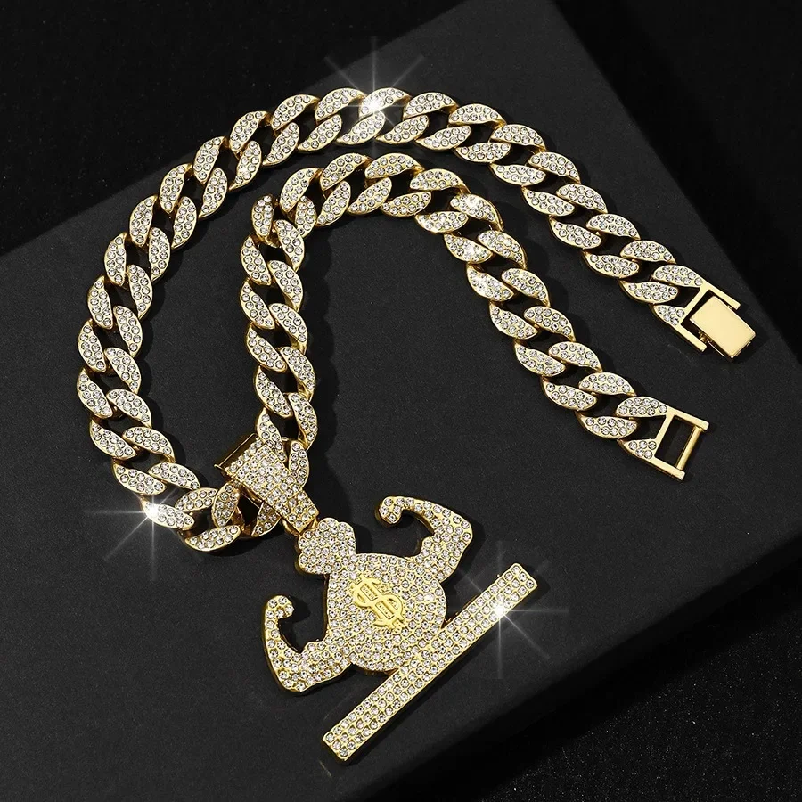 Hip Hop Metal Cartoon Money Bag Pendant Pave Zircon Necklace With 13mm Cuban Chain Fashion Bling Crystal Iced Out Jewelry