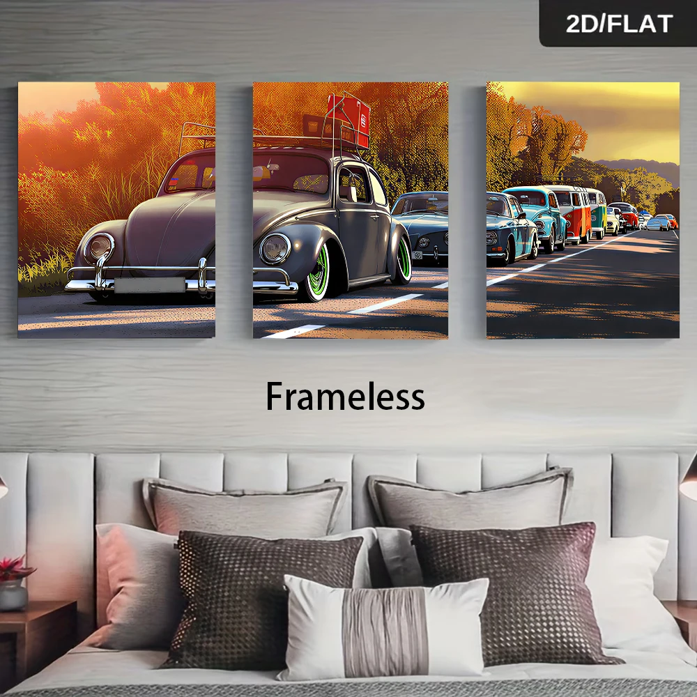 1 set of vintage Beetle car road scenery triple frameless decorative painting, 2D flat
