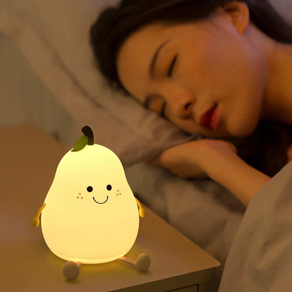 LED NightLight Rechargeable Fruit Pear Shape Silicone Patting Lamp Bedroom Bedside Decor Couple Children Holiday Gift