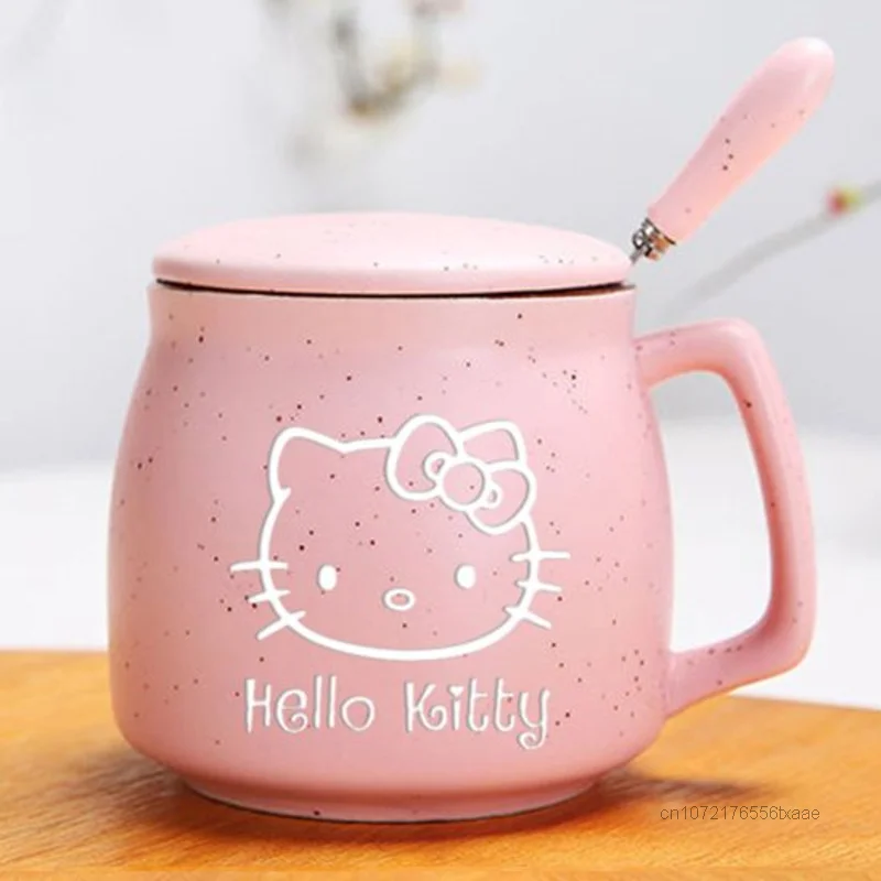 Sanrio Hello Kitty Water Coffe Mug Woman Cute Breakfast Oatmeal Milk Cup Kitty Ceramic Cup With Lid Spoon Cartoon Luxury Mugs