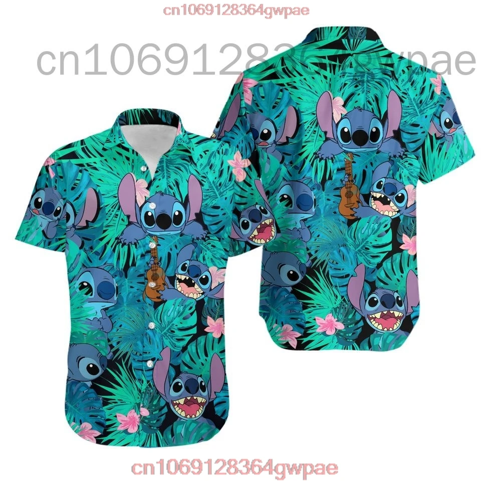 Masculino e feminino disney stitch camisas havaianas, manga curta, casual para praia, moda festa, moda verão