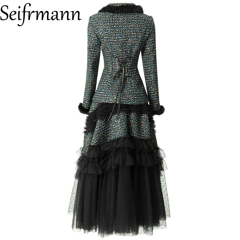 Seifrmann 2026 Spring Women's New Fashion lapel Long Sleeve Single breasted Top+Mesh Half Skirt Two Piece Set