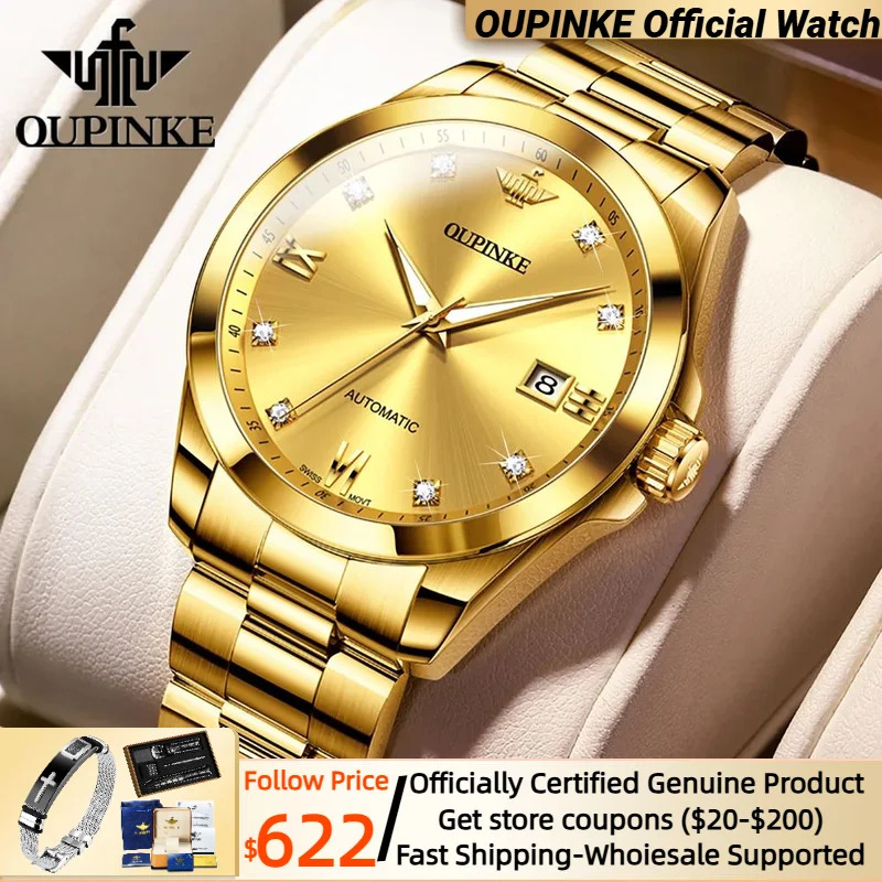 

OUPINKE Luxury Real Diamonds Automatic Watch for Men Swiss Certification Men's Mechanical Watch Waterproof Wristwatch Original