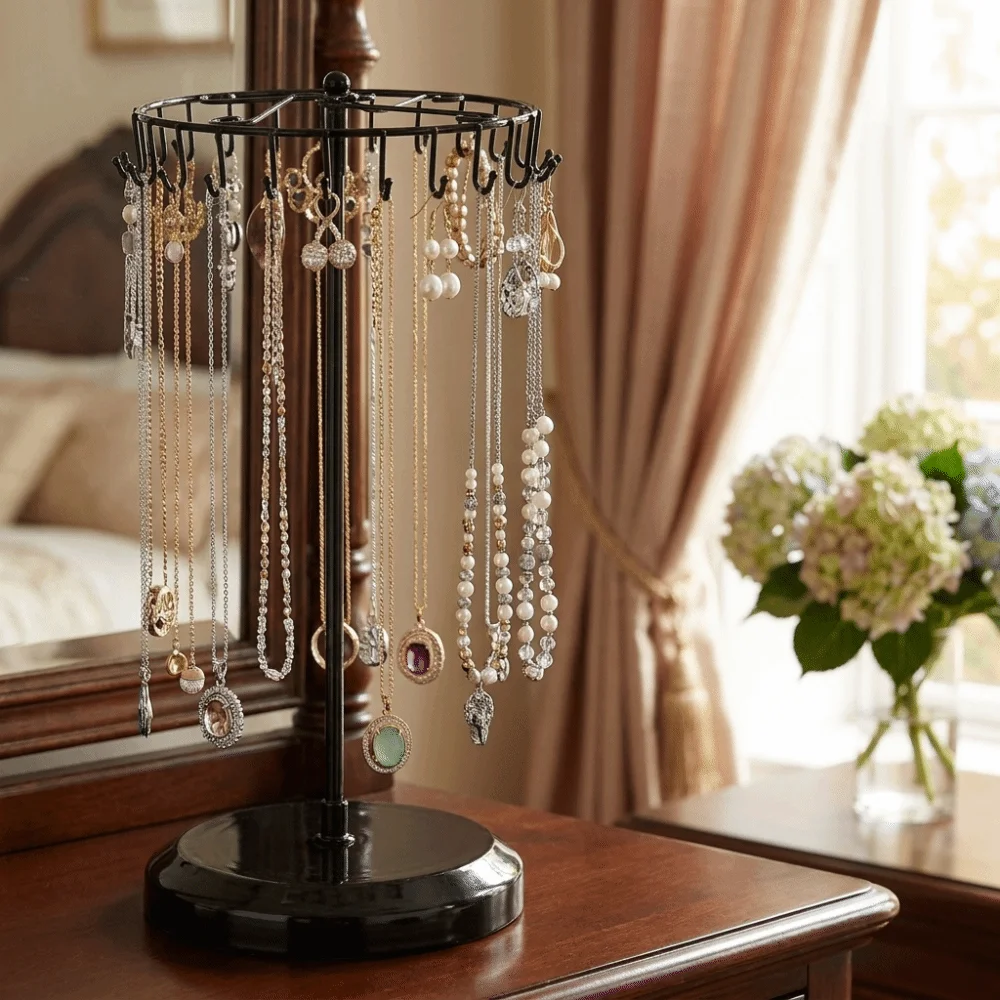 Rotating Necklace Organizer Removable 23 hooks Jewelry Storage Rack Space Saving Heavy Duty Necklace Holder Street Stall Display