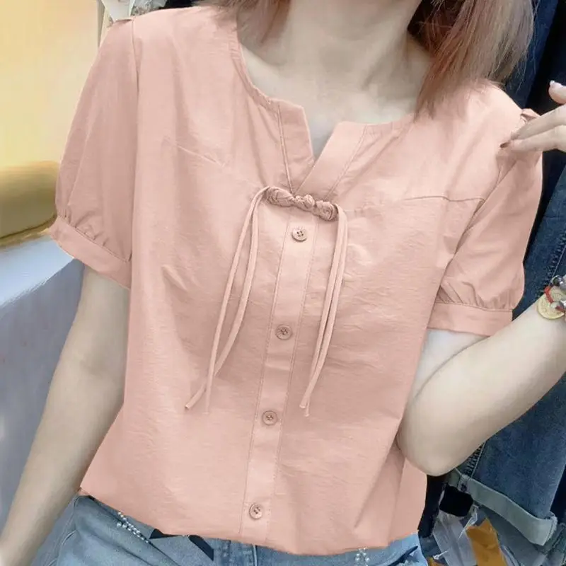 Summer New Cotton Chinese Style Drawstring Short Sleeved Shirt Women\'s Solid Round Neck Thin Button Waist Collection Loose Top