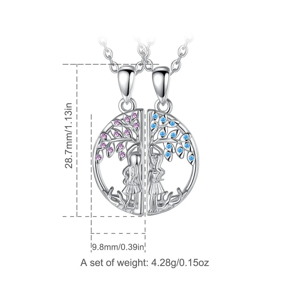 Eudora 925 Sterling Silver Tree of Life Friendship Necklace Blue Purple Zircon Sisters Necklace For 2 Pcs/ Set Gift For Sisters