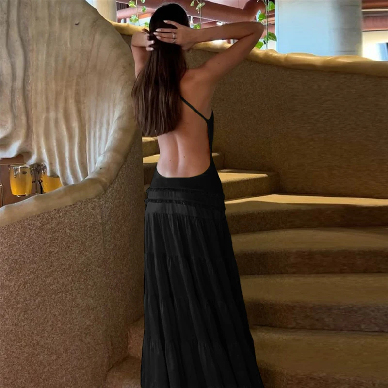Boho Style Pure Ruffle Pleated Maxi Dress for Women Sexy Halter Backless Hollow Long Dress Summer Casual Loose Sling Party Dress