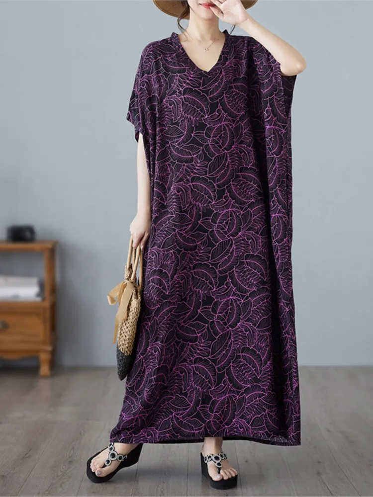 Oversized Summer V-Neck Long Robe Dress Women Flower Floral Print Modis Loose Ladies Dresses Casual Pleated Woman Pullover Dress