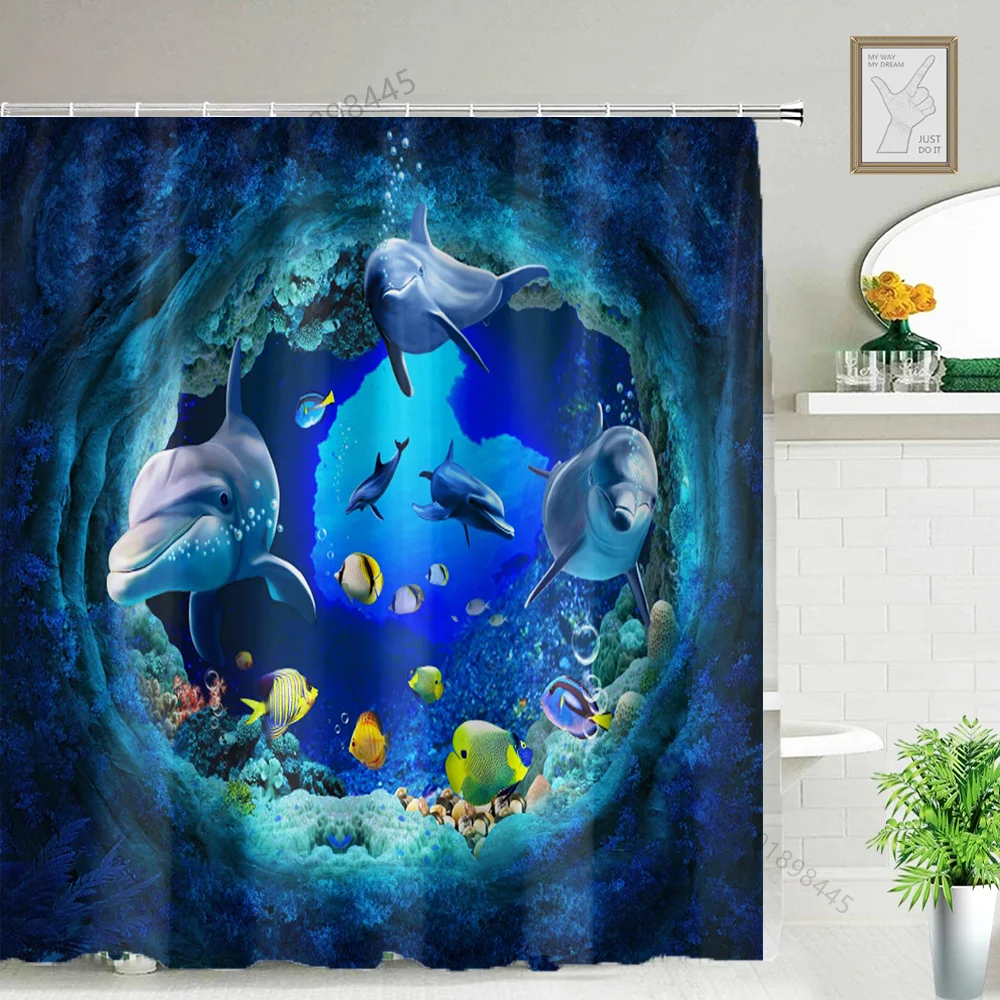 Funny Blue Ocean Whale Coral Shower Curtains Bathroom Curtain With Hooks Decor Waterproof Bath 180*180cm Fish Shower Curtain