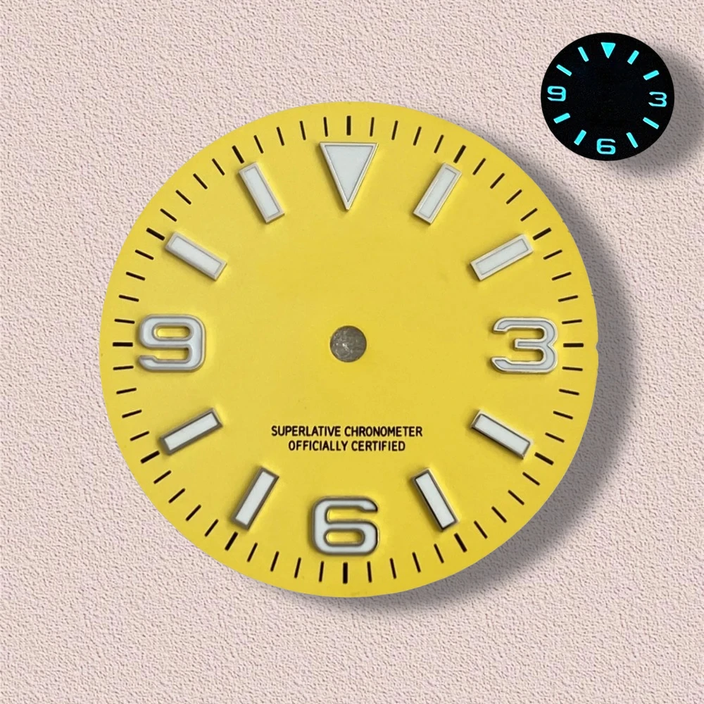 28.5mm S Logo Ex plorer Sunburst Dial Fit NH35/NH36/4R/7S Movement Ice Blue Luminous high-Quality Watch Modification Accessories